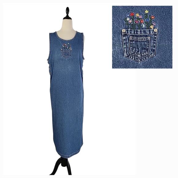 VTG 90s Denim Embroidery Floral Midi Dress L Blue Cottage Country Western Rustic - Picture 1 of 12